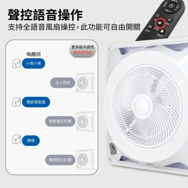 【勳風】14吋DC直流負離子AI語音聲控遙控循環吸頂扇/LED照明燈扇/輕鋼架專用(HFB-K7996)