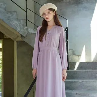 【H2O】小V領排釦長洋裝(#5634005 連身洋裝、雪紡洋裝；粉紫色)