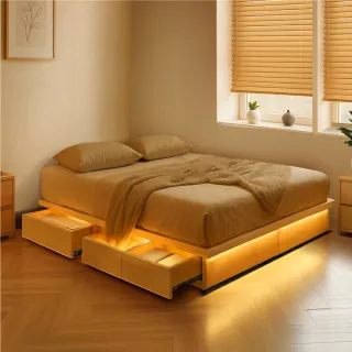 【IHouse】保羅 靠牆款+智能燈光 雙人5尺收納三抽床底/床架/床座(台灣製木心板)