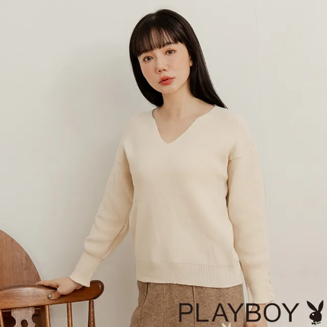 【PLAYBOY】V領基礎款針織上衣(米色)