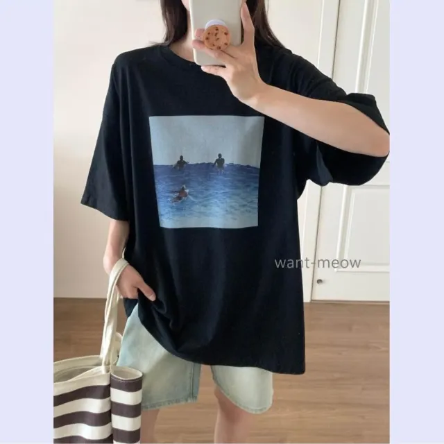 【Want-Meow】100公斤可穿/寬鬆韓系藍色海洋棉T大尺碼上衣大尺碼T恤(大碼/大尺碼/加大碼)