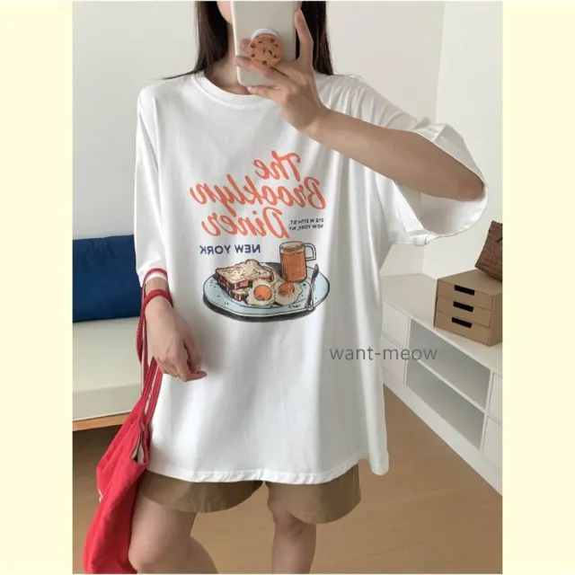 【Want-Meow】100公斤可穿/寬鬆美式復古早餐棉T大尺碼上衣大尺碼T恤(大碼/大尺碼/加大碼)