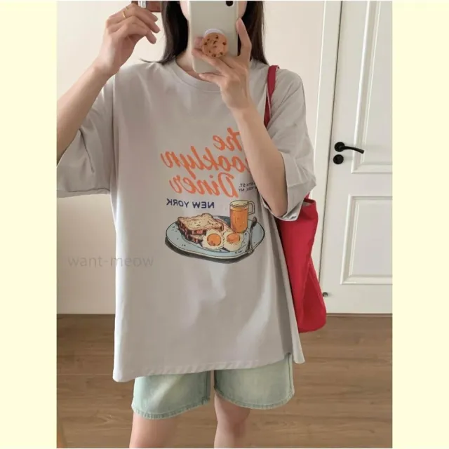 【Want-Meow】100公斤可穿/寬鬆美式復古早餐棉T大尺碼上衣大尺碼T恤(大碼/大尺碼/加大碼)