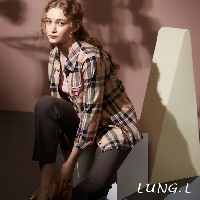 【LUNG.L 林佳樺】LT95A 卡其粉色條格紋棉質七分袖女裝襯衫(秋冬新品 加大尺碼)