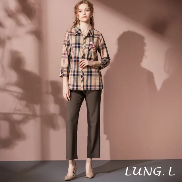 【LUNG.L 林佳樺】LT95A 卡其粉色條格紋棉質七分袖女裝襯衫(秋冬新品 加大尺碼)