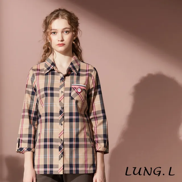 【LUNG.L 林佳樺】LT95A 卡其粉色條格紋棉質七分袖女裝襯衫(秋冬新品 加大尺碼)