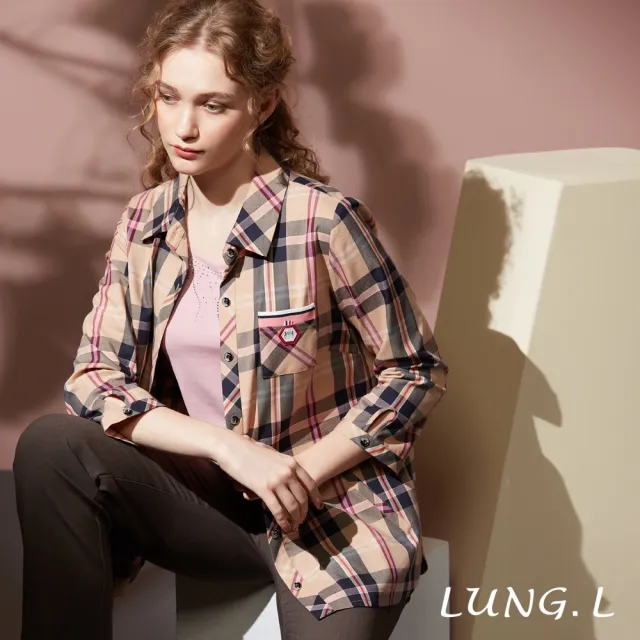 【LUNG.L 林佳樺】LT95A 卡其粉色條格紋棉質七分袖女裝襯衫(秋冬新品 加大尺碼)
