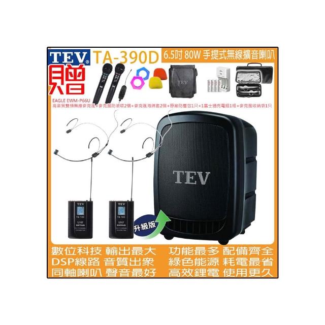 【TEV】TA-390D 雙頻道6.5吋 80W手提式無線擴音機/USB / SD /錄音播放器(配2頭戴 式無線麥克風)