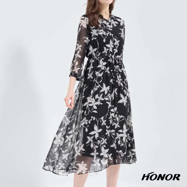 【HONOR 山形屋】出清品 滿版花葉珍珠飾透膚袖綁帶洋裝-黑(限定出清)