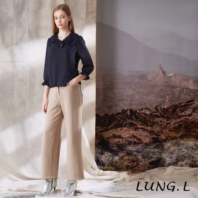【LUNG.L 林佳樺】LT25A 深藍色荷葉披領提花雪紡七分袖女裝上衣(秋冬新品)