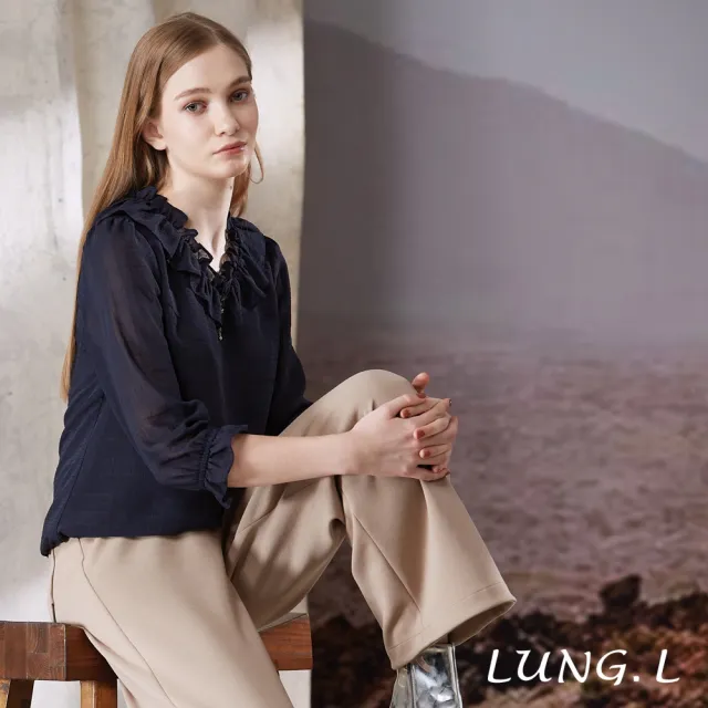 【LUNG.L 林佳樺】LT25A 深藍色荷葉披領提花雪紡七分袖女裝上衣(秋冬新品)