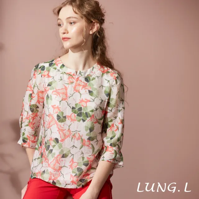 【LUNG.L 林佳樺】LS98A 粉橘色清新荷葉圖騰印花七分袖女裝上衣(秋冬新品 加大尺碼)