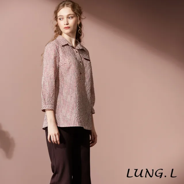 【LUNG.L 林佳樺】LT06A 紅白小格紋A-line長版棉質七分袖女裝上(秋冬新品)