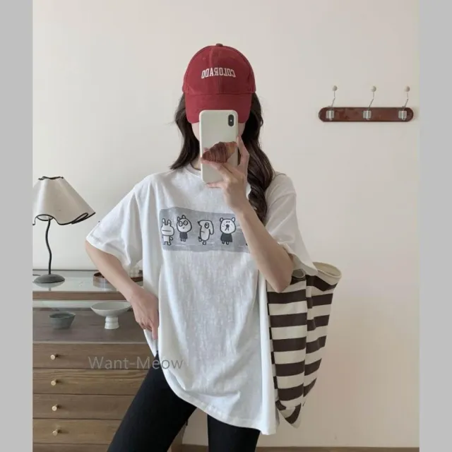 【Want-Meow】100公斤可穿/寬鬆獨家質感竹節雪花棉麻5隻動物棉T大尺碼上衣大尺碼T恤(大碼/大尺碼/加大碼)
