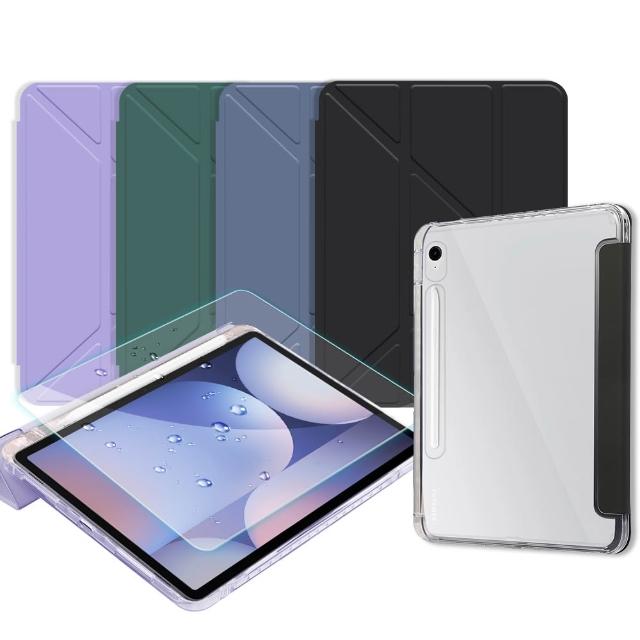【VXTRA】三星 Galaxy Tab S10 FE 軍事防摔級 Y折晶透背蓋立架皮套+9H玻璃貼 X520 X526(合購價)