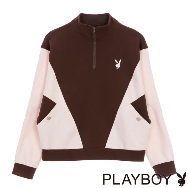 【PLAYBOY】立領拚色剪裁連袖上衣(咖啡色)