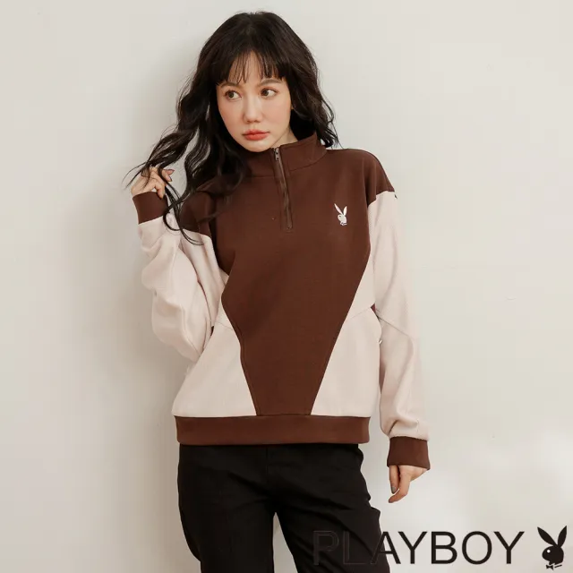 【PLAYBOY】立領拚色剪裁連袖上衣(咖啡色)
