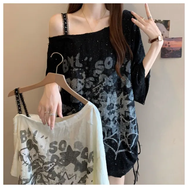 【ASister 小姊姊】*出清品*現貨在庫★大尺碼上衣☆*U領斜肩甜酷側綁帶*寬鬆顯瘦遮肚T恤(#AS1584)