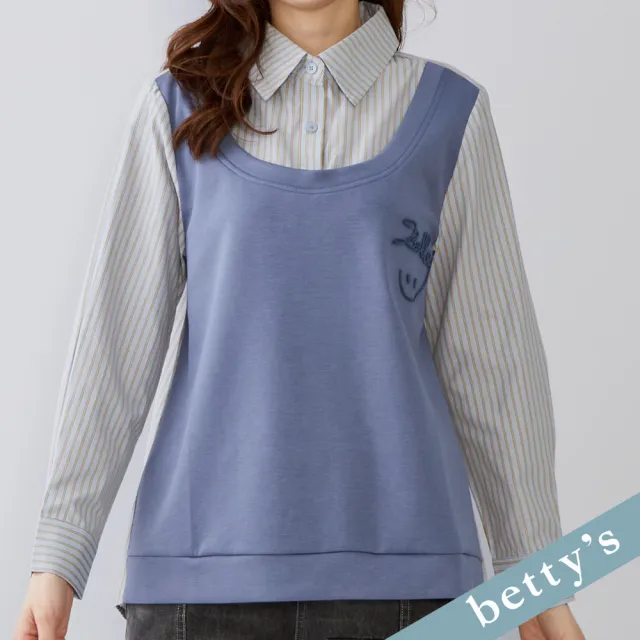 【betty’s 貝蒂思】出清品  假兩件笑臉刺繡直條紋上衣(藍色)