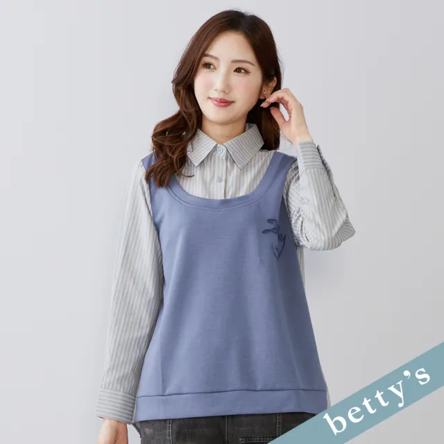 【betty’s 貝蒂思】出清品  假兩件笑臉刺繡直條紋上衣(藍色)