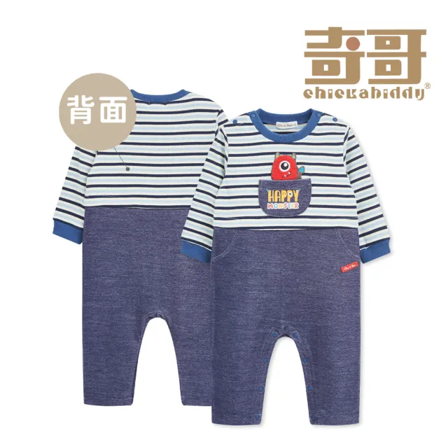【奇哥】Chic a Bon 嬰幼童裝 怪獸俱樂部牛仔藍雙側開長袖兔裝/連身衣-吸濕排汗(3-18個月)