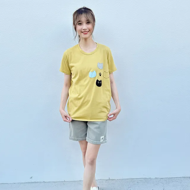 【Hana Mokuba】花木馬日系女裝圓領貓咪貼布T恤(T恤)