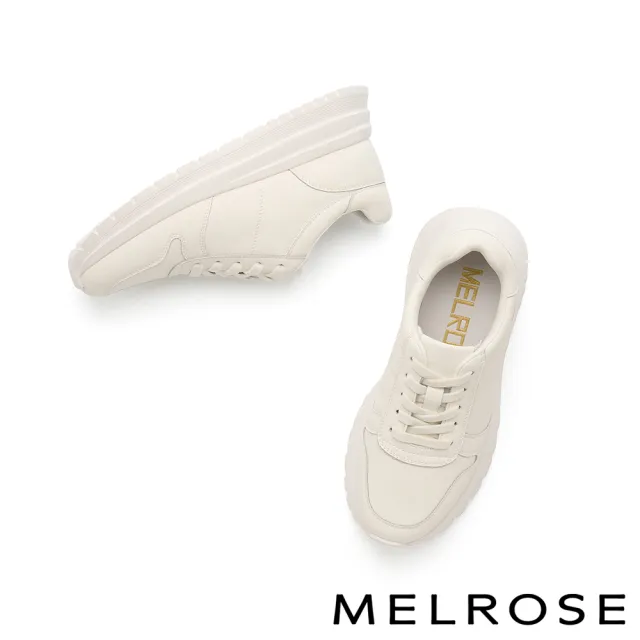 【MELROSE】美樂斯 率性百搭純色彈性鞋帶牛貼皮厚底休閒鞋(白)