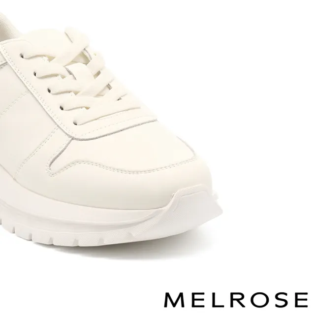 【MELROSE】美樂斯 率性百搭純色彈性鞋帶牛貼皮厚底休閒鞋(白)