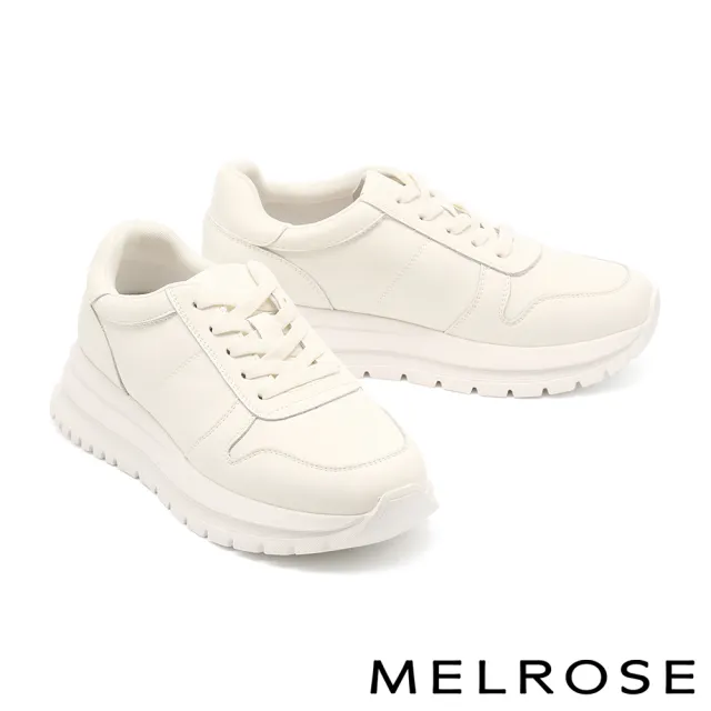 【MELROSE】美樂斯 率性百搭純色彈性鞋帶牛貼皮厚底休閒鞋(白)