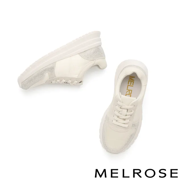 【MELROSE】美樂斯 精緻率性晶鑽彈性鞋帶異材質厚底休閒鞋(白)