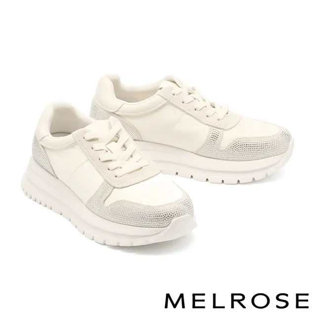【MELROSE】美樂斯 精緻率性晶鑽彈性鞋帶異材質厚底休閒鞋(白)