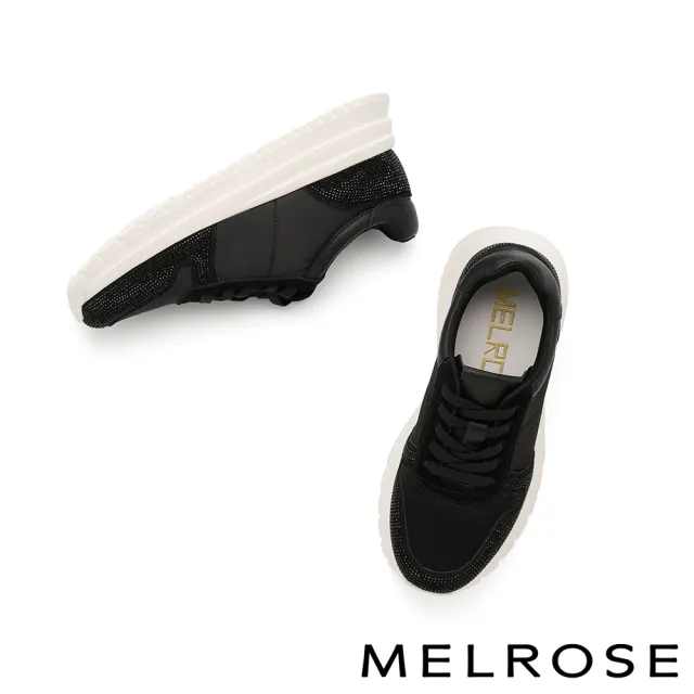 【MELROSE】美樂斯 精緻率性晶鑽彈性鞋帶異材質厚底休閒鞋(黑)