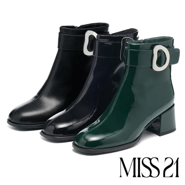 【MISS 21】復古時髦扭曲大釦牛皮方頭高跟短靴(黑)