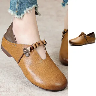 【Taroko】花邊一字圓頭真皮大尺碼手工復古踩腳懶人休閒鞋(2色可選)