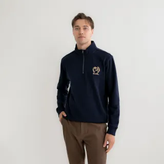 【Arnold Palmer 雨傘】男裝-學院風刺繡傘立領半拉鍊長袖T(藏青色)