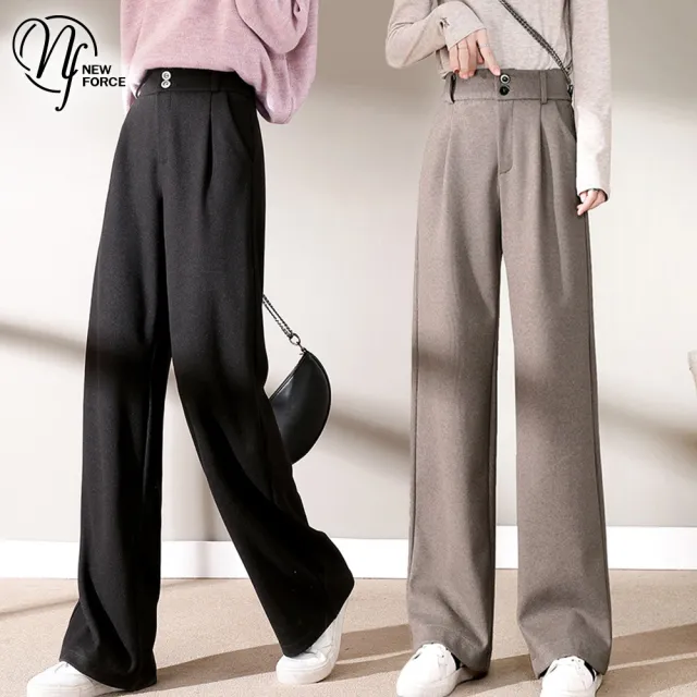 【NEW FORCE】加厚毛呢寬鬆顯瘦女休閒長褲(保暖長褲/休閒褲/直筒褲/寬褲/女下著)