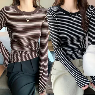【NEW FORCE】圓領拼接條紋內搭顯瘦打底衫(條紋上衣/女上衣/打底衫/圓領上衣/保暖上衣)
