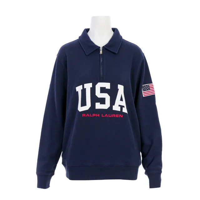 【RALPH LAUREN】印花文字 USA及logo半拉鍊 運動衫(深藍-XL)