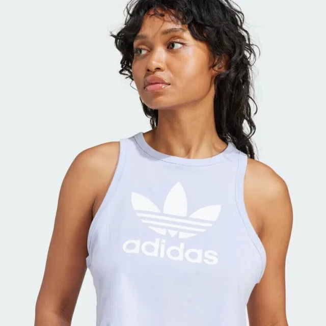 【adidas 愛迪達】Trefoil Tank 女 背心 短版 運動 休閒 經典 三葉草 挖背 棉質 淺藍(IP0684)