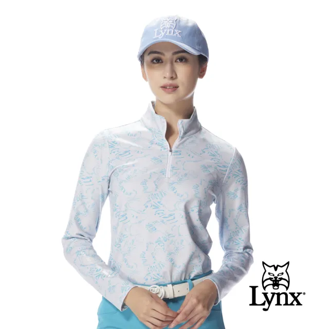 【Lynx Golf】女款合身版吸濕排汗不規則文字印花立領拉鍊長袖T/高爾夫球衫(三色)
