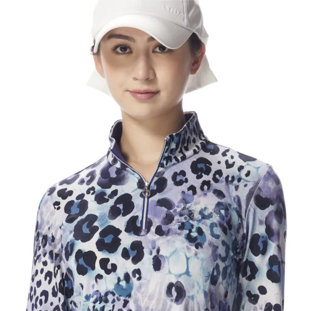 【Lynx Golf】女款合身版立領拉鍊款歐洲進口布料水墨畫蛇紋滿版印花圓領衫/高爾夫球衫(藍紫色)