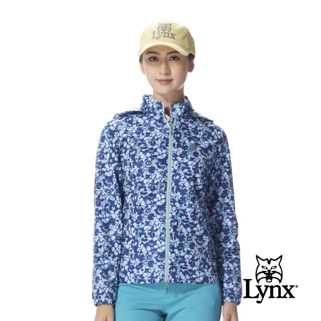 【Lynx Golf】女款防風防潑水連帽滿版印花拉鍊設計風衣(三色)