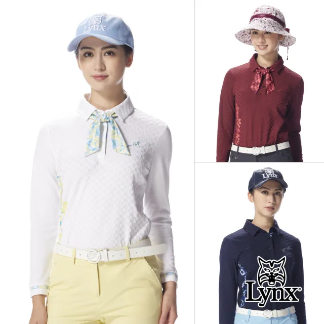 【Lynx Golf】女款合身版吸濕排汗彈性舒適花紋領結長袖高爾夫球衫(三色)