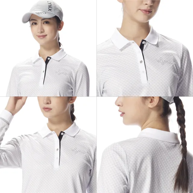 【Lynx Golf】女款保暖舒適內磨毛材質格紋拼接山貓千鳥花紋長袖高爾夫球衫(二色)