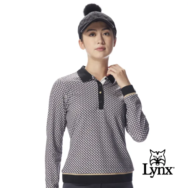 【Lynx Golf】女款保暖舒適內磨毛材質格紋拼接山貓千鳥花紋長袖高爾夫球衫(二色)