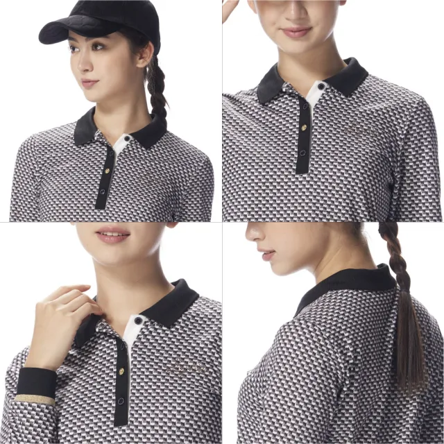 【Lynx Golf】女款保暖舒適內磨毛材質格紋拼接山貓千鳥花紋長袖高爾夫球衫(二色)