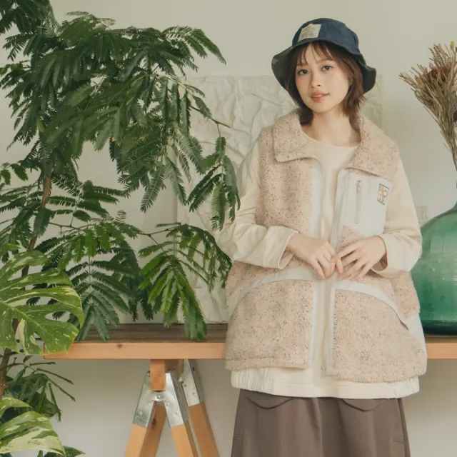 【MOSS CLUB】花色羔羊絨戶外休閒背心(藍 米/魅力商品)