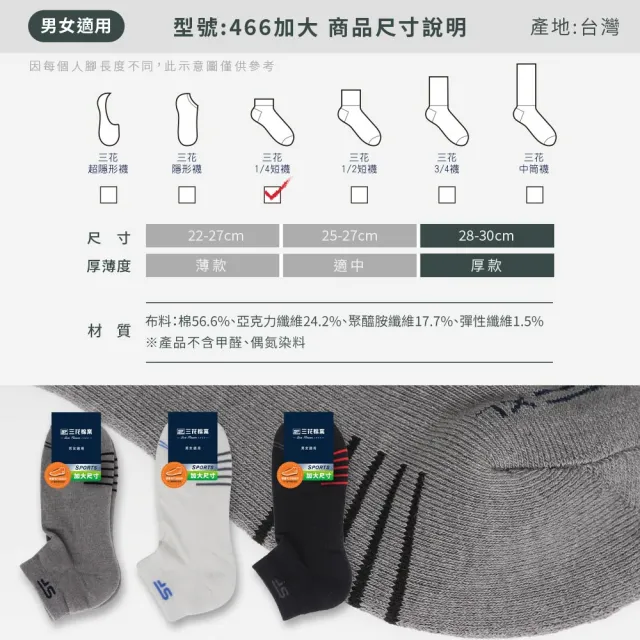 【SunFlower 三花】12雙組 加大襪1/4毛巾底運動襪.大尺碼襪
