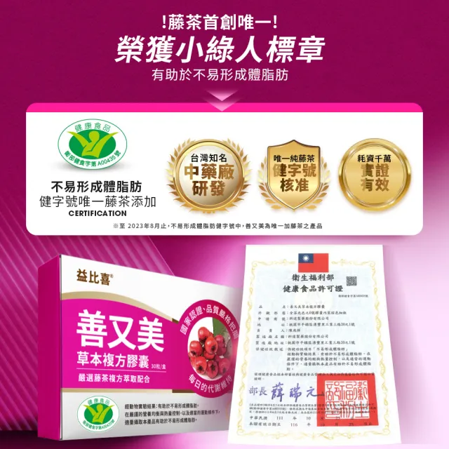 【EatBLISS 益比喜】健字號善又美草本複方膠囊10入組(30粒/盒 國家核准不易形成體脂肪)