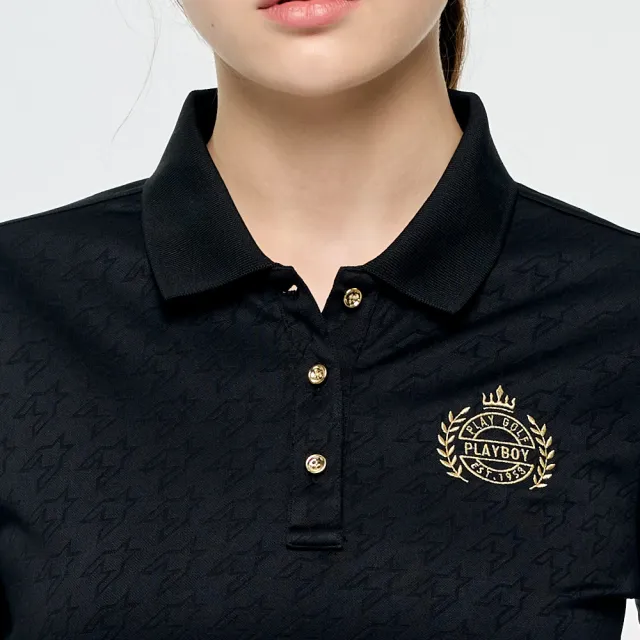 【PLAYBOY GOLF】女款千鳥格高爾夫長袖POLO衫-黑(吸濕排汗/高爾夫球衫/KA25203-88)